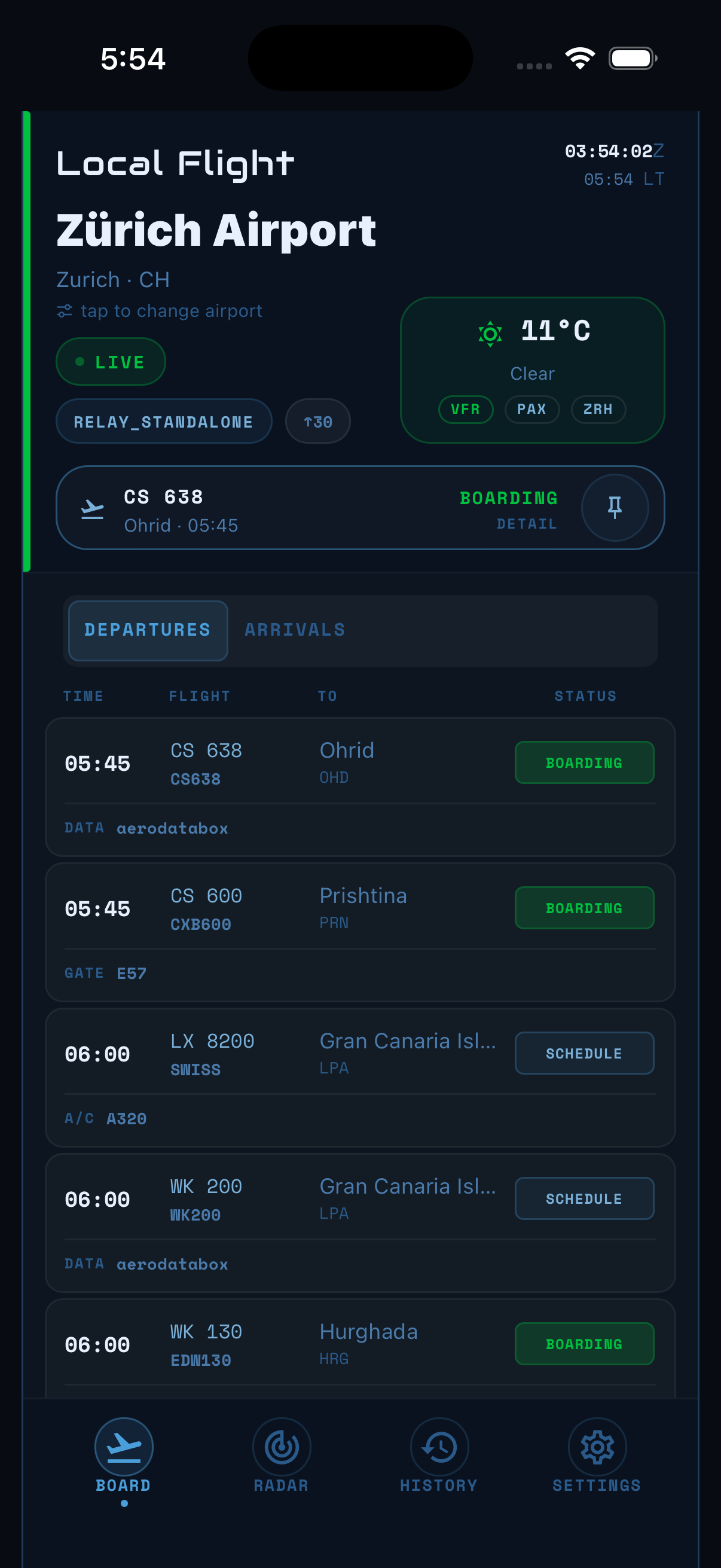Local Flight Mobile FIDS board on iOS