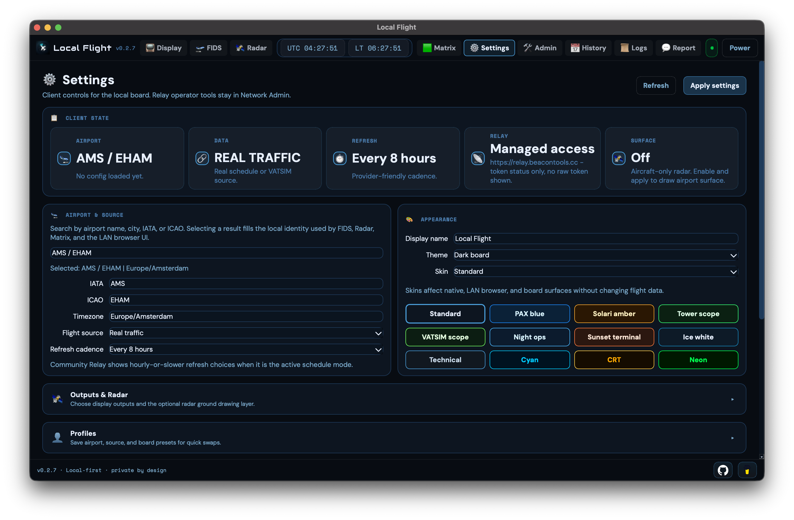 Local Flight shell settings preview